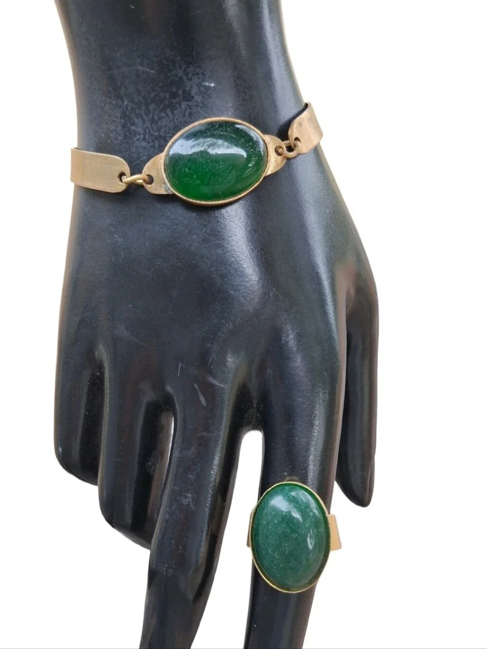 Vintage Green Aventurine Gemstone Jewelry Set Gold Tone Necklace Ring Bracelet